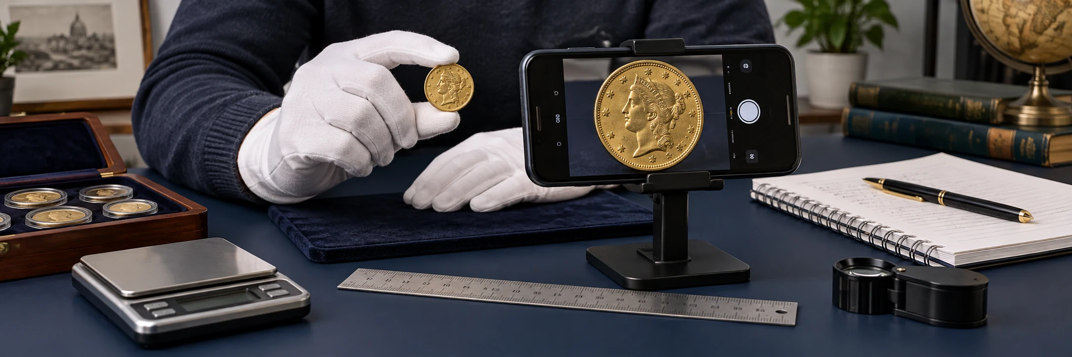 Gloved hand documenting a gold coin beside a ruler and smartphone camera