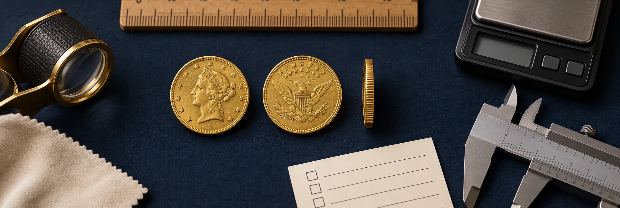 Gold coin front, back, edge, scale, loupe, and checklist arranged for a final review