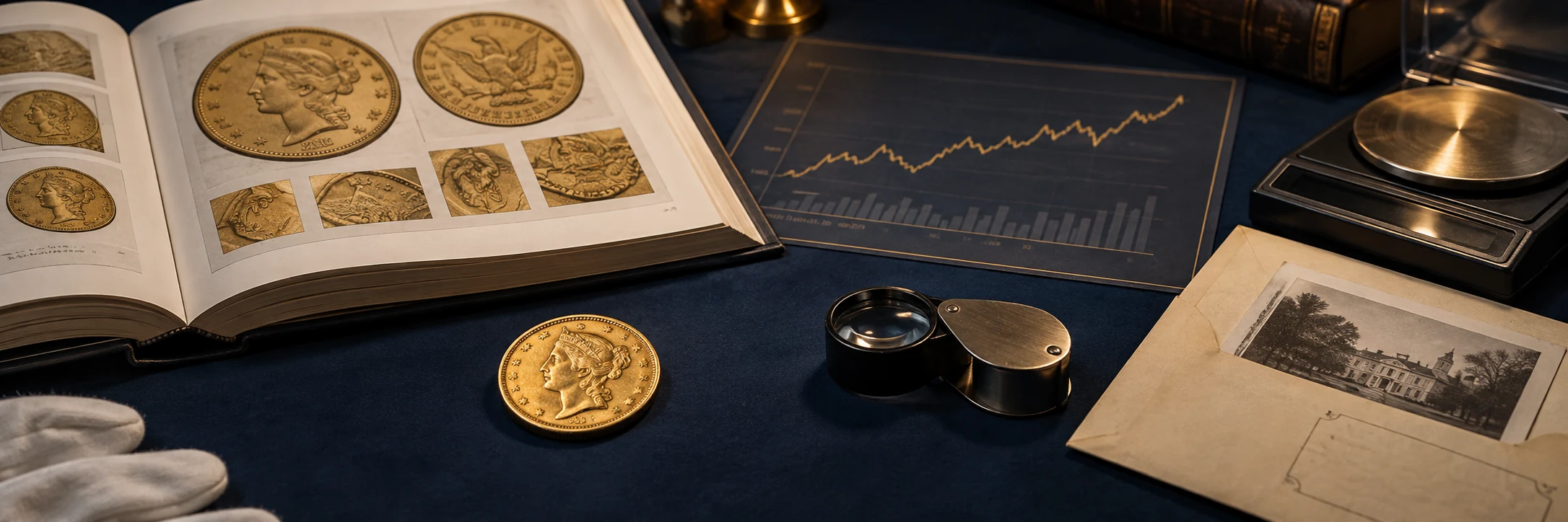 Gold coin beside market research materials, a scale, loupe, and catalog