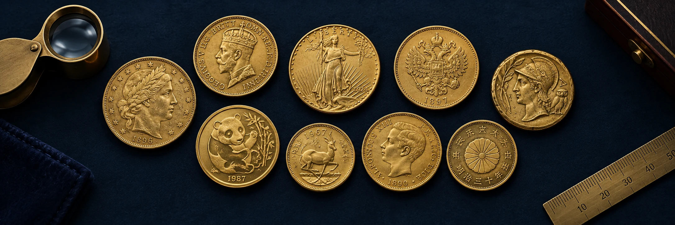 Gold colored coins from different countries with portraits, emblems, dates, a ruler, and loupe