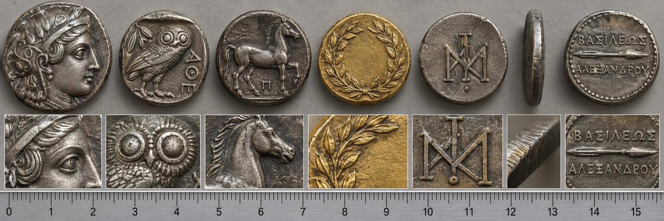 Greek coin details including deity, owl, horse, wreath, monogram, edge, and lettering