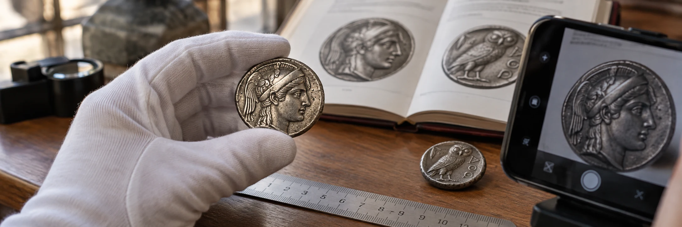 Gloved hand documenting a Greek coin beside a ruler and phone camera