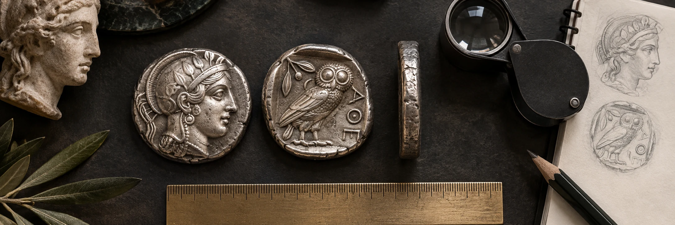 Greek coin obverse, reverse, edge, ruler, and loupe arranged for a final check