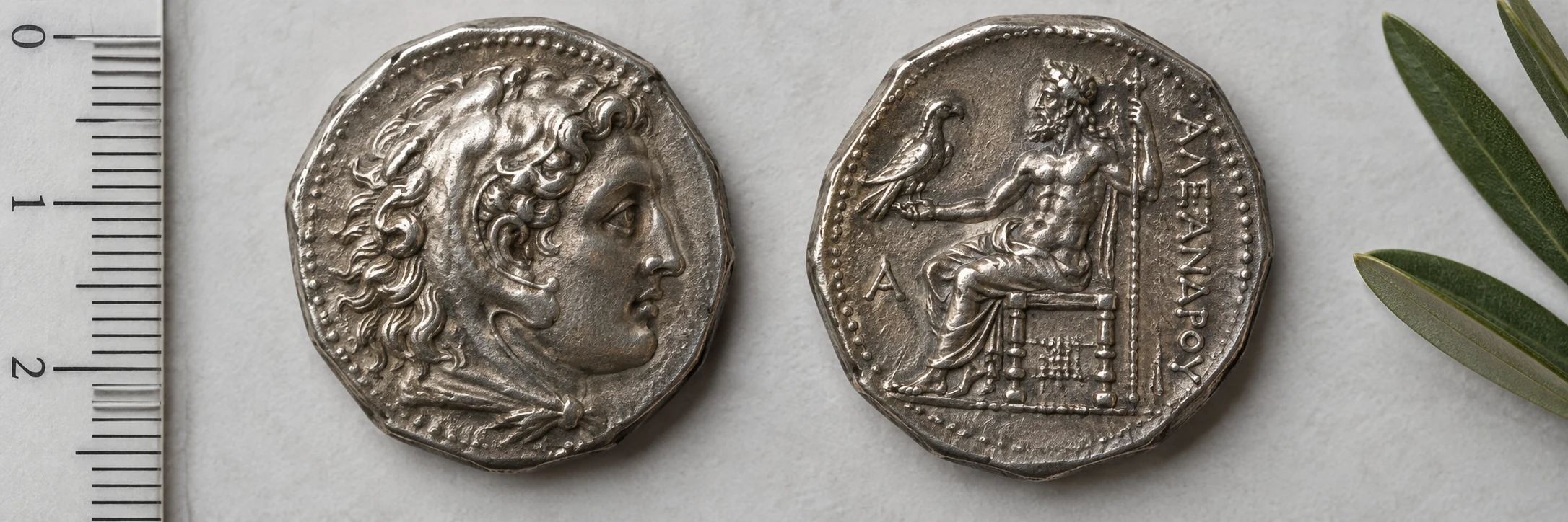 Ancient Greek coin photographed flat with a ruler and soft side lighting