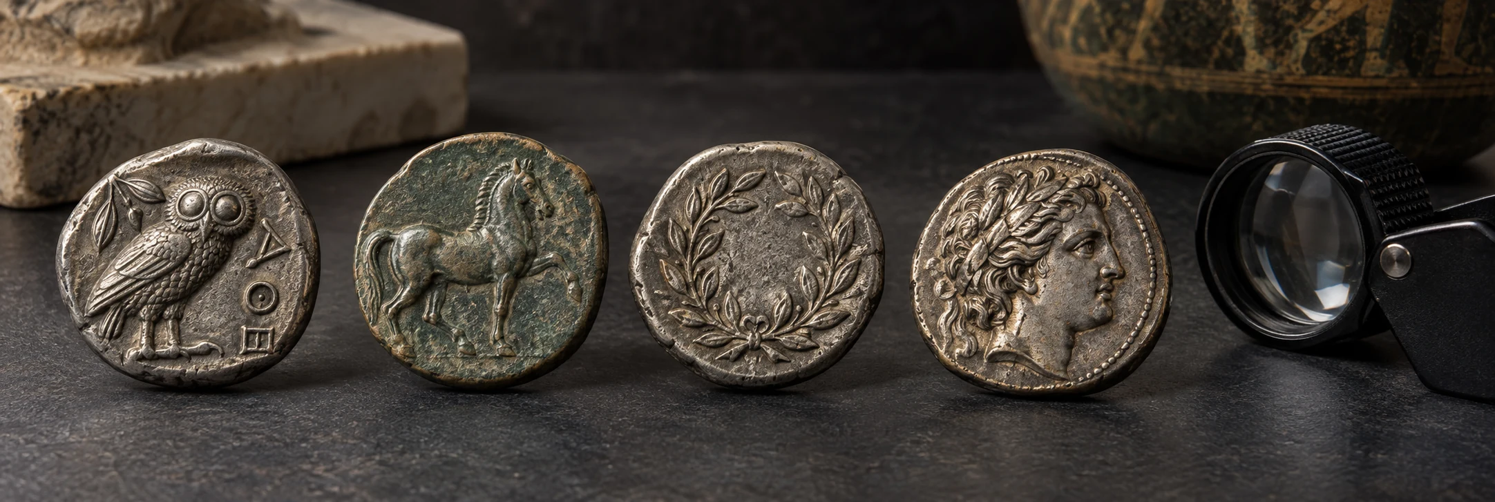 Greek coins with an owl, horse, wreath, and classical profile arranged beside a loupe