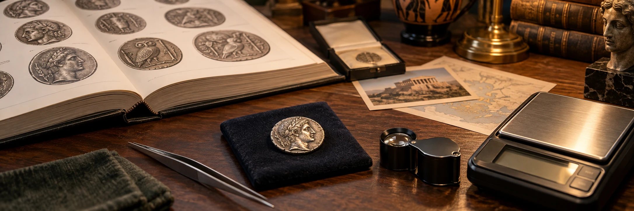 Greek coin beside a catalog, loupe, scale, and research materials