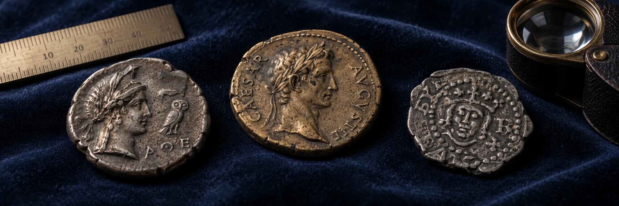 Three distinct hammered coins with different flans, portraits, legends, and edge profiles arranged for a final checklist