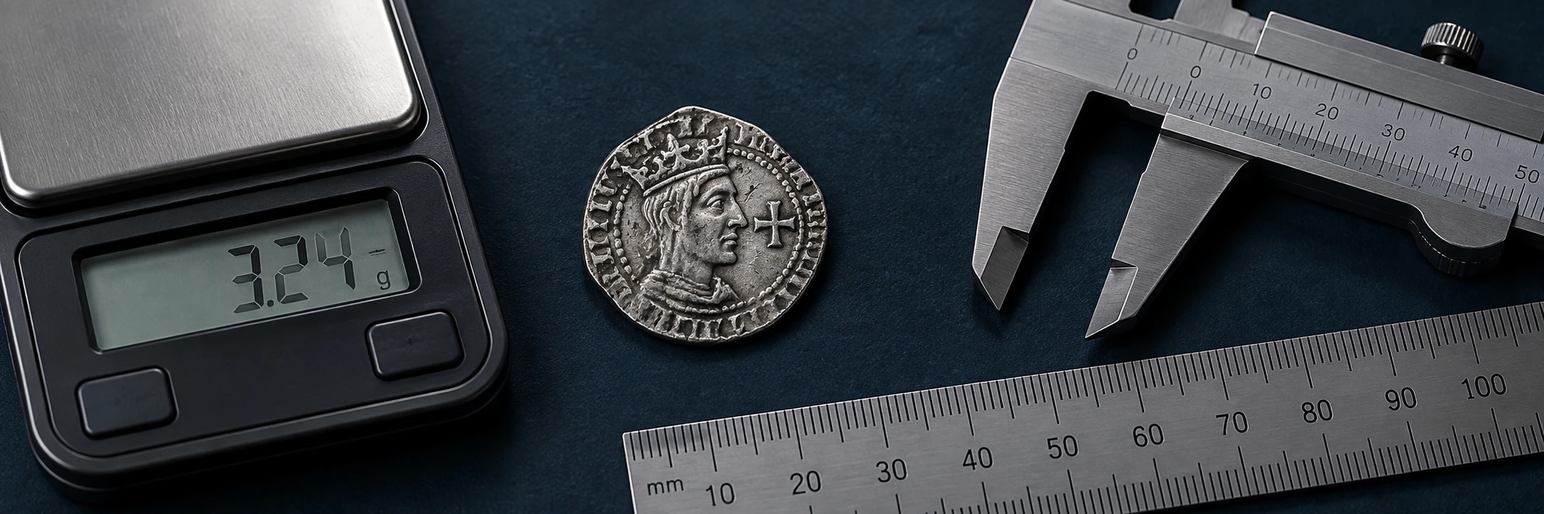 Hammered coin photographed beside a ruler and scale for edge, weight, and diameter checks