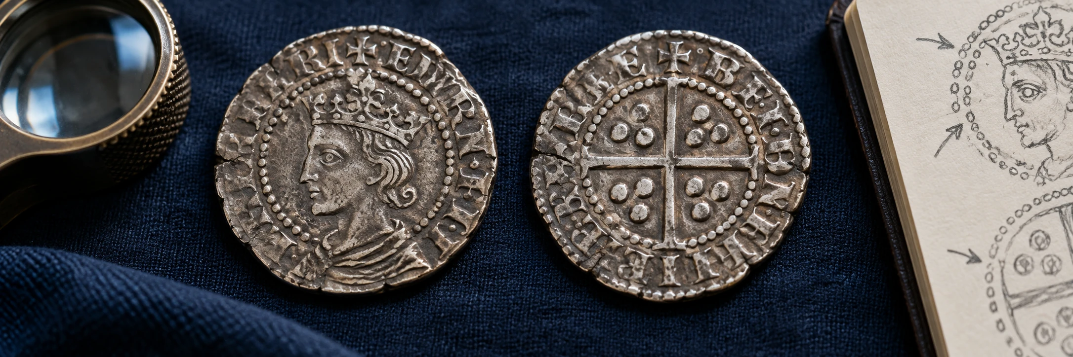 Hammered coin portrait, symbols, surviving legend, and border details being compared