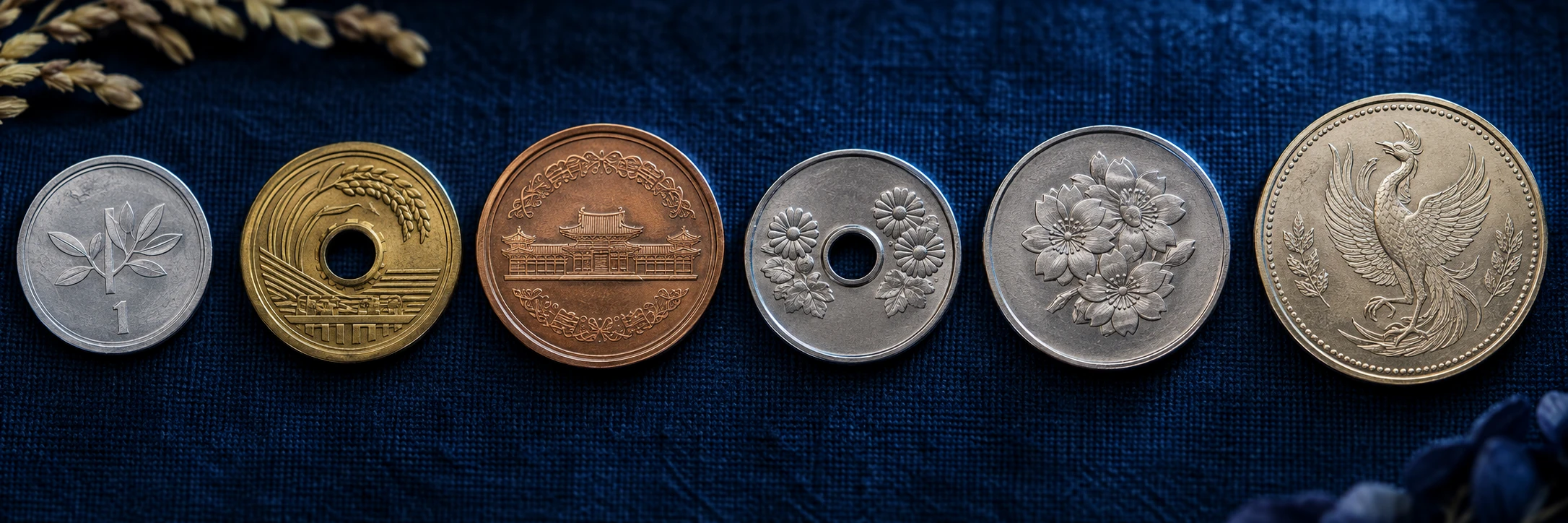 Japanese circulation coins from one yen to 500 yen arranged by denomination and motif