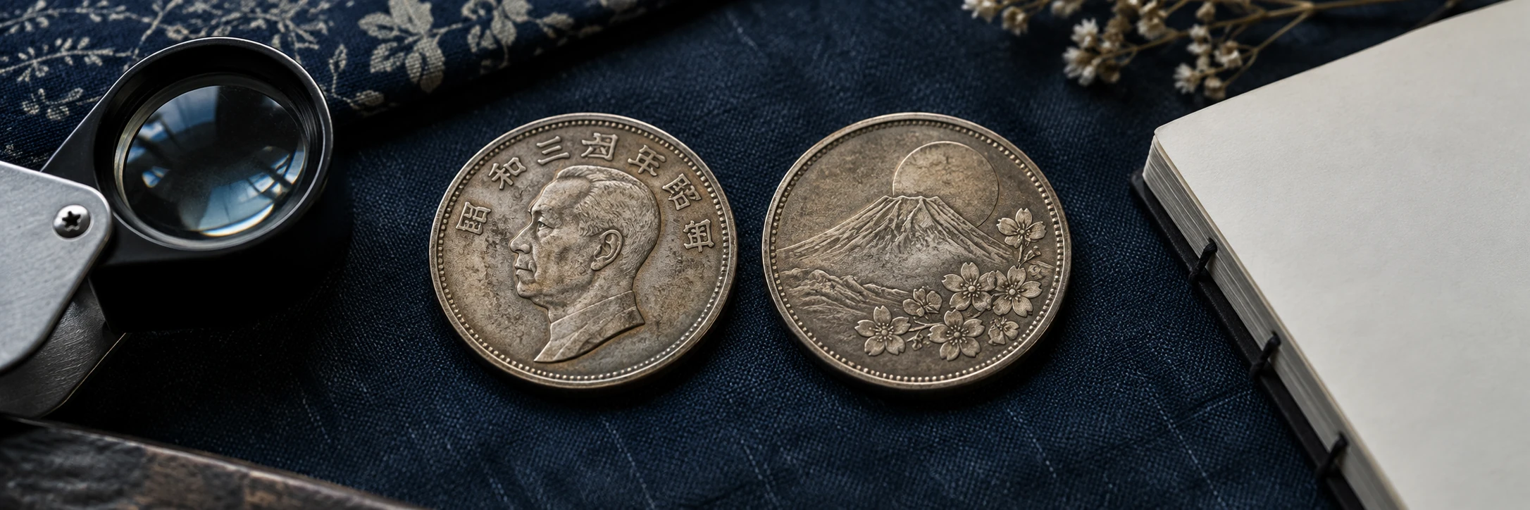 Japanese coin characters, era date, obverse design, and reverse motif being compared