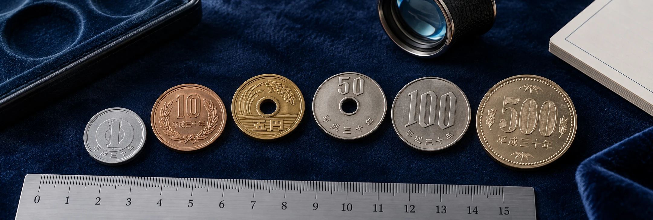 Distinct Japanese coins including holed five and fifty yen pieces arranged beside a ruler and loupe for a final identification checklist