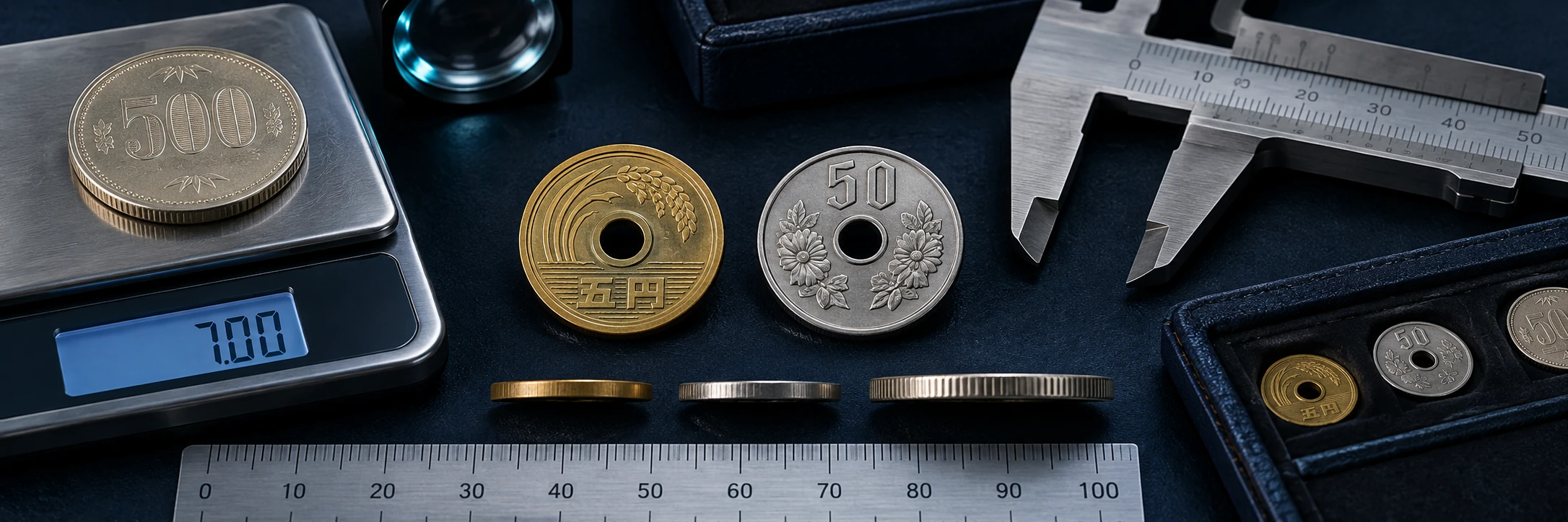 Japanese coin photographed beside a ruler and scale for hole, edge, weight, and diameter checks