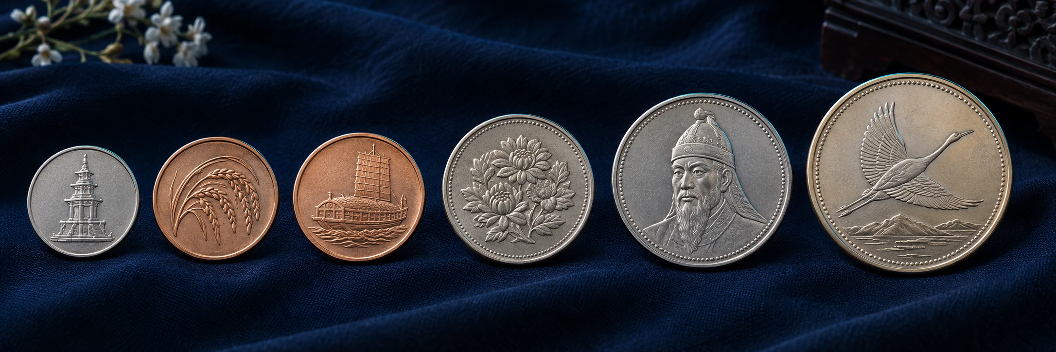 South Korean won coins from one to 500 won arranged by denomination and national motif