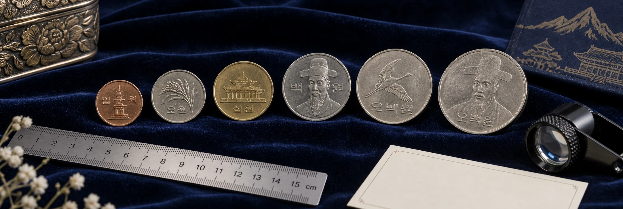 Distinct South Korean won coins arranged beside a ruler and loupe for a final identification checklist
