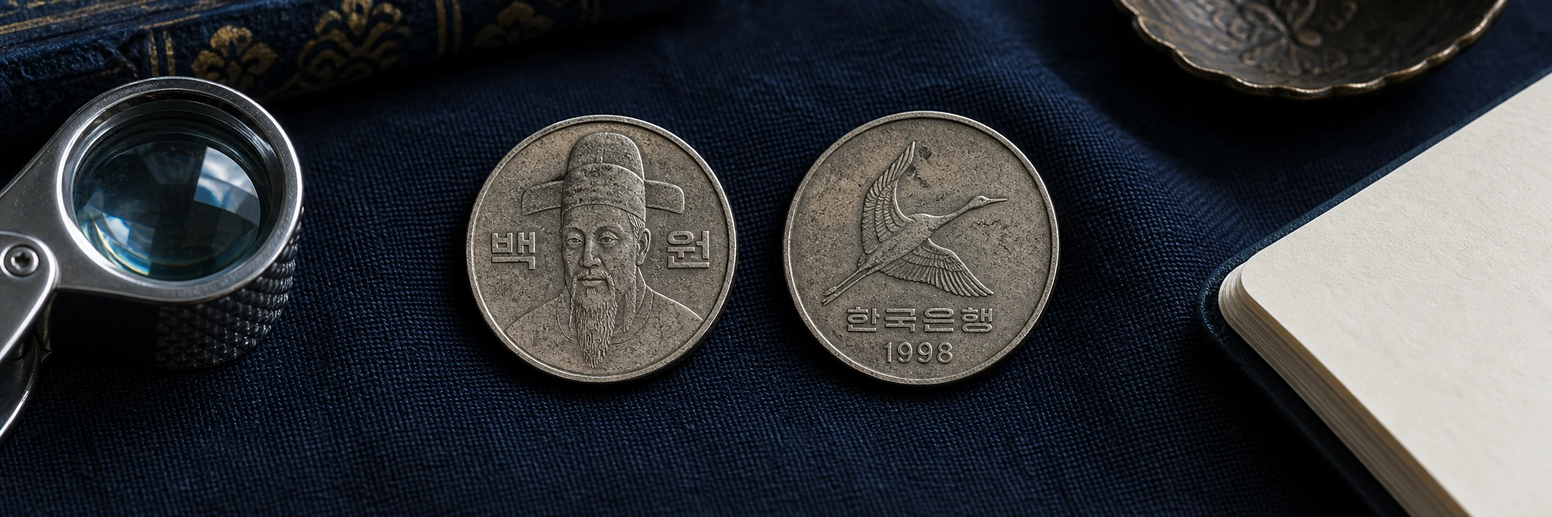 Korean coin year, Hangul lettering, portrait, and reverse motif being compared