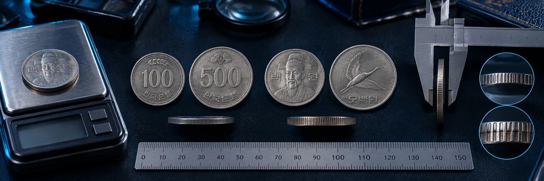 Korean won coin photographed beside a ruler and scale for size and edge checks