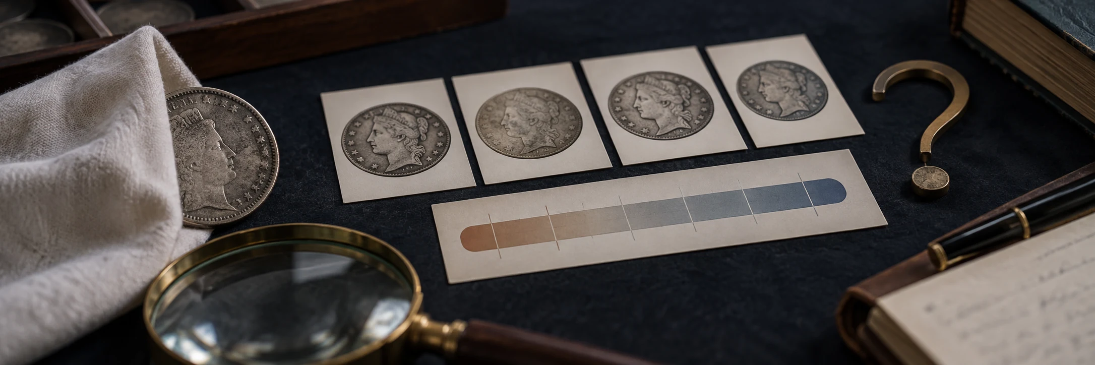 Partially obscured coin beside possible catalog matches and a broad shaded value range graphic