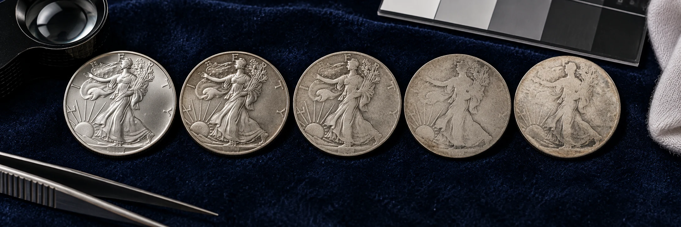 Same coin design shown in several conditions from sharp to worn and cleaned on navy velvet