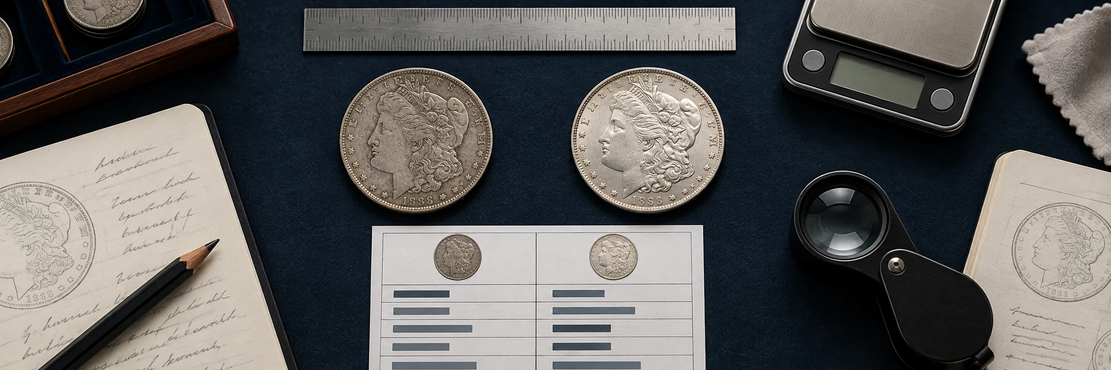 Two coins with the same date and design compared with a ruler, scale, loupe, and notes