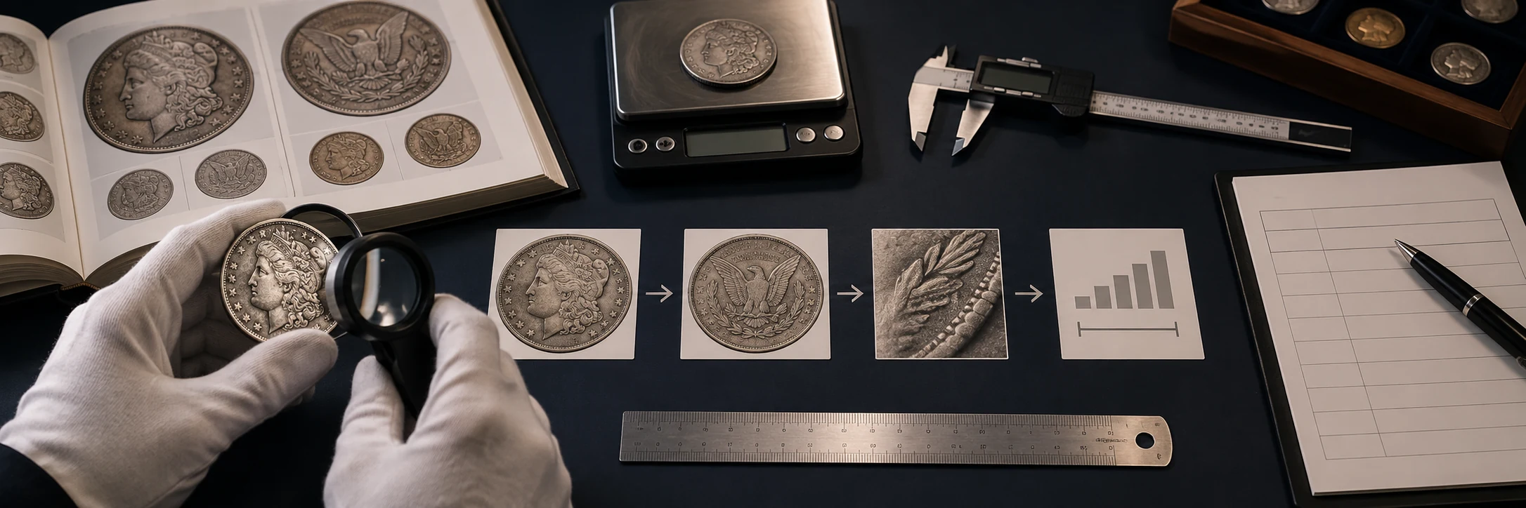 Coin identification desk with catalog, caliper, ruler, scale, loupe, and evidence worksheet