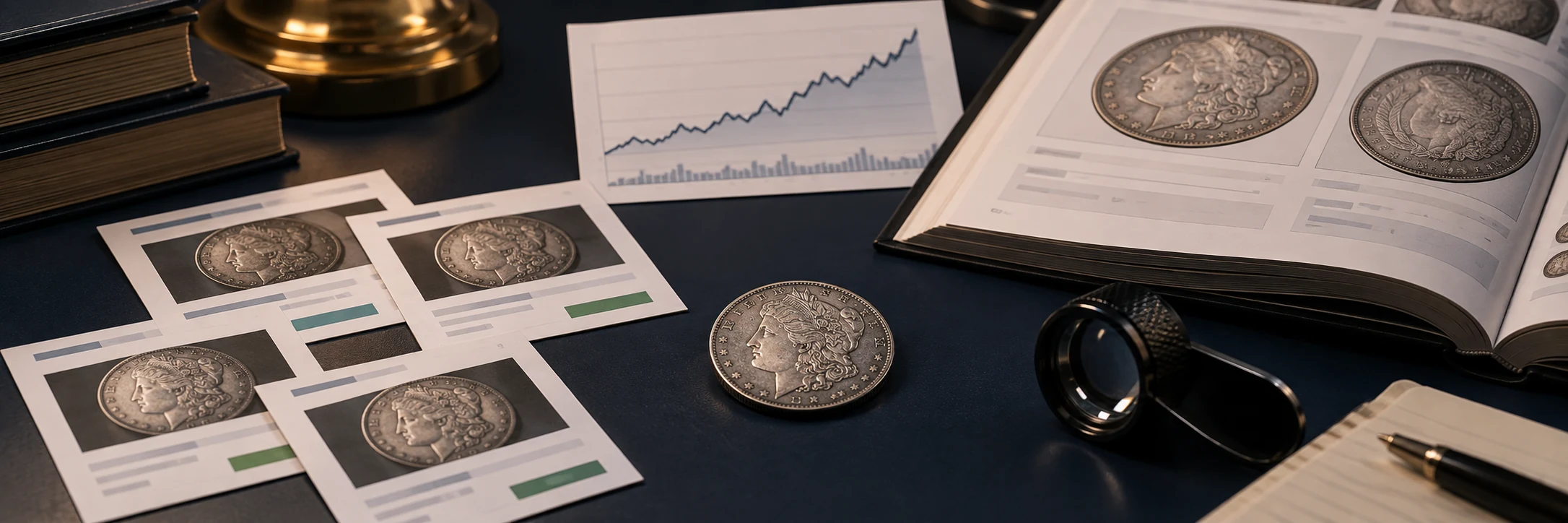 Coin beside completed-sale reference cards, auction catalog, market chart, and loupe