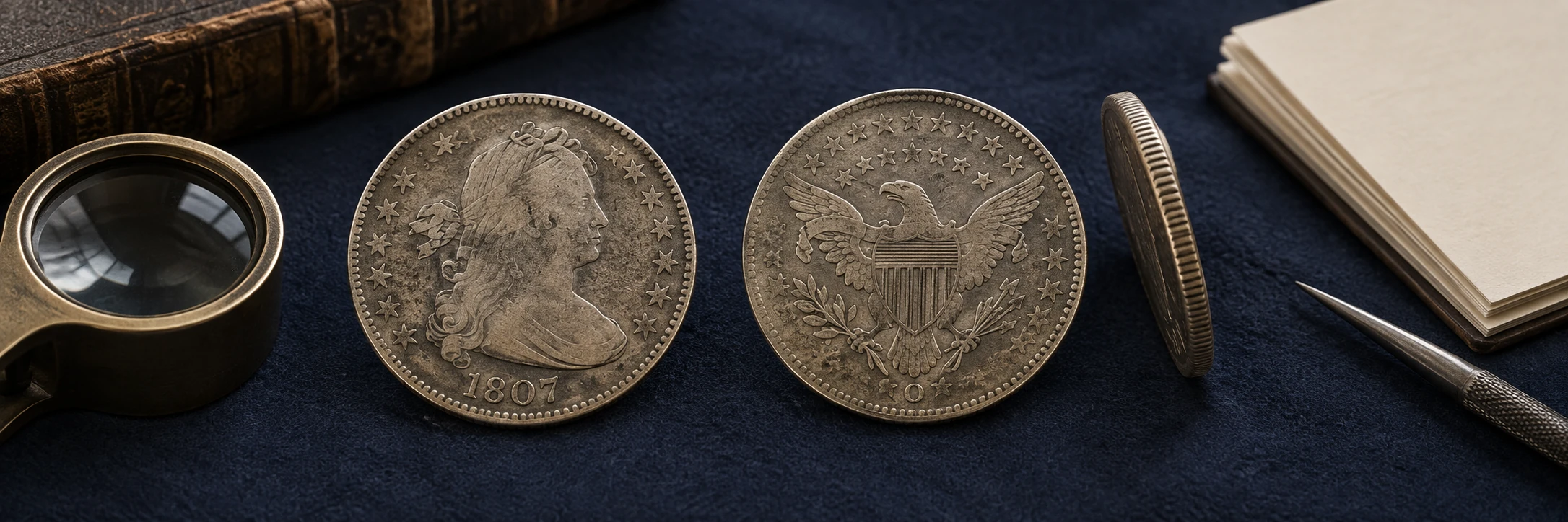 Old coin portrait, inscription, denomination, and date details being compared