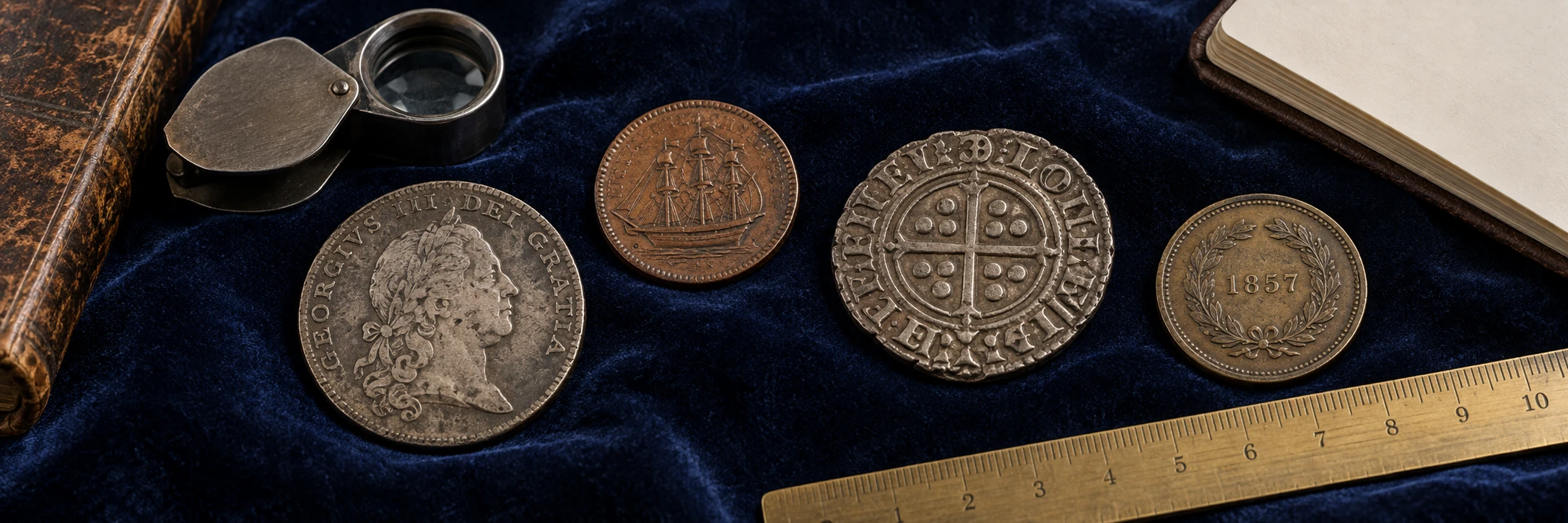 Worn historic coins arranged with a loupe, ruler, and notebook for an old coin identification