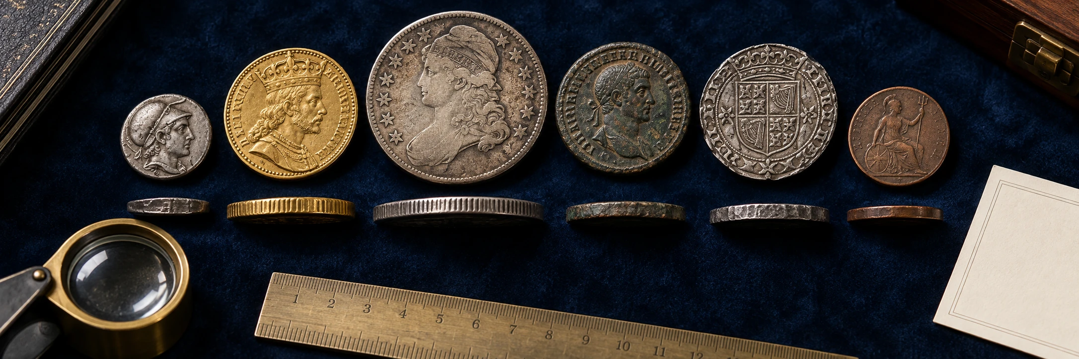 Distinct historic coins arranged beside a ruler and loupe for a final old coin identification checklist