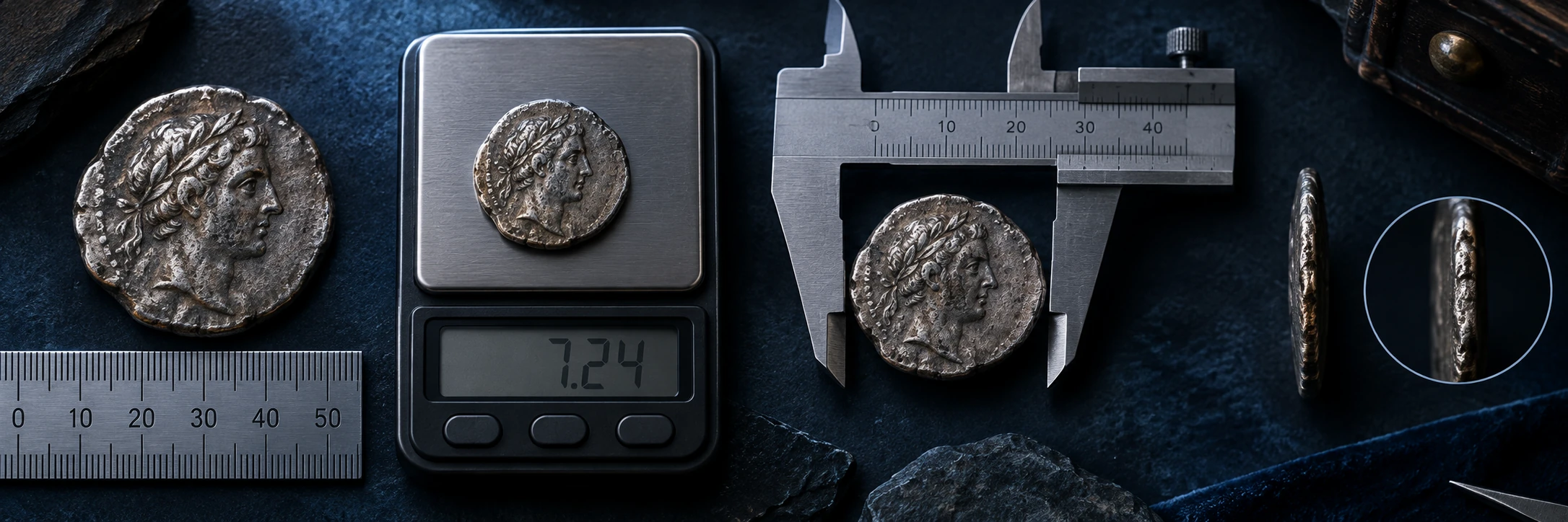 Old coin photographed beside a ruler and scale for edge, size, and weight checks