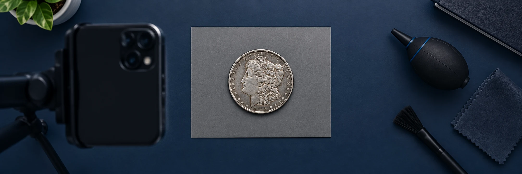 Coin lying flat and centered under a phone camera
