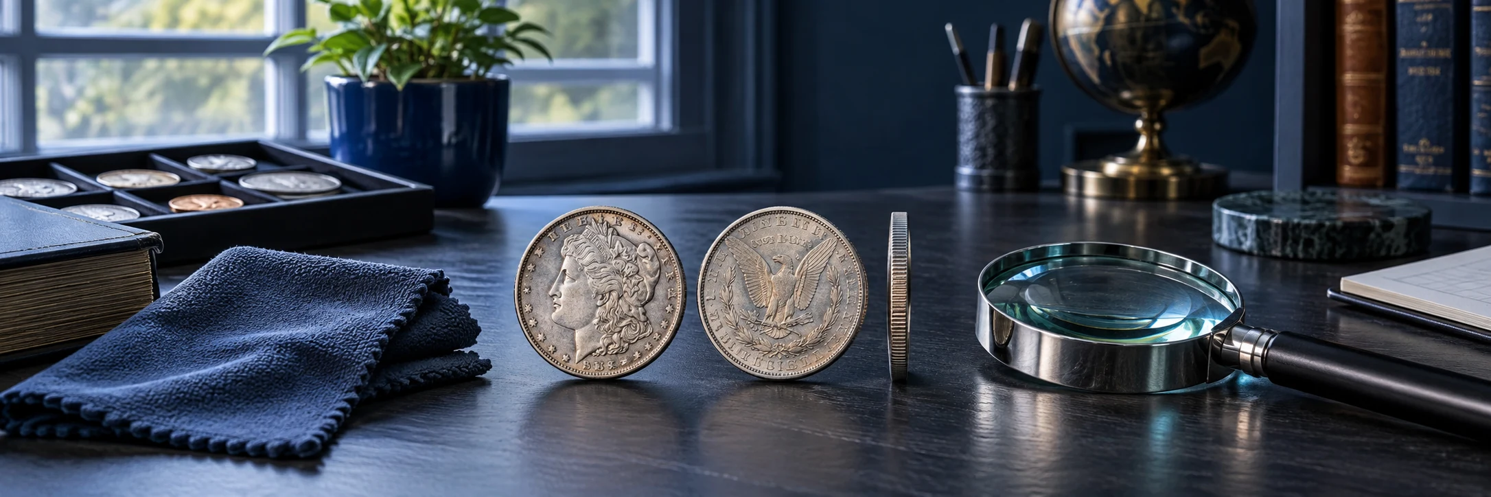 Coin photo checklist with front, back, edge, cloth, and magnifying glass