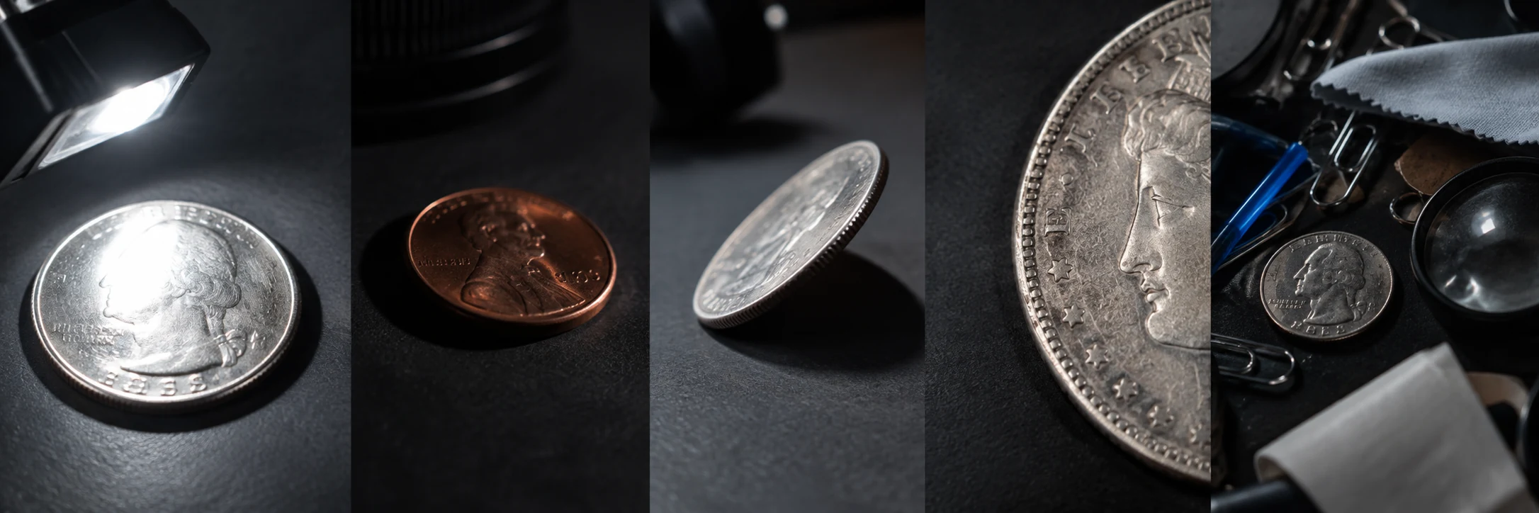 Examples of glare, blur, tilt, cropping, and clutter in coin photographs