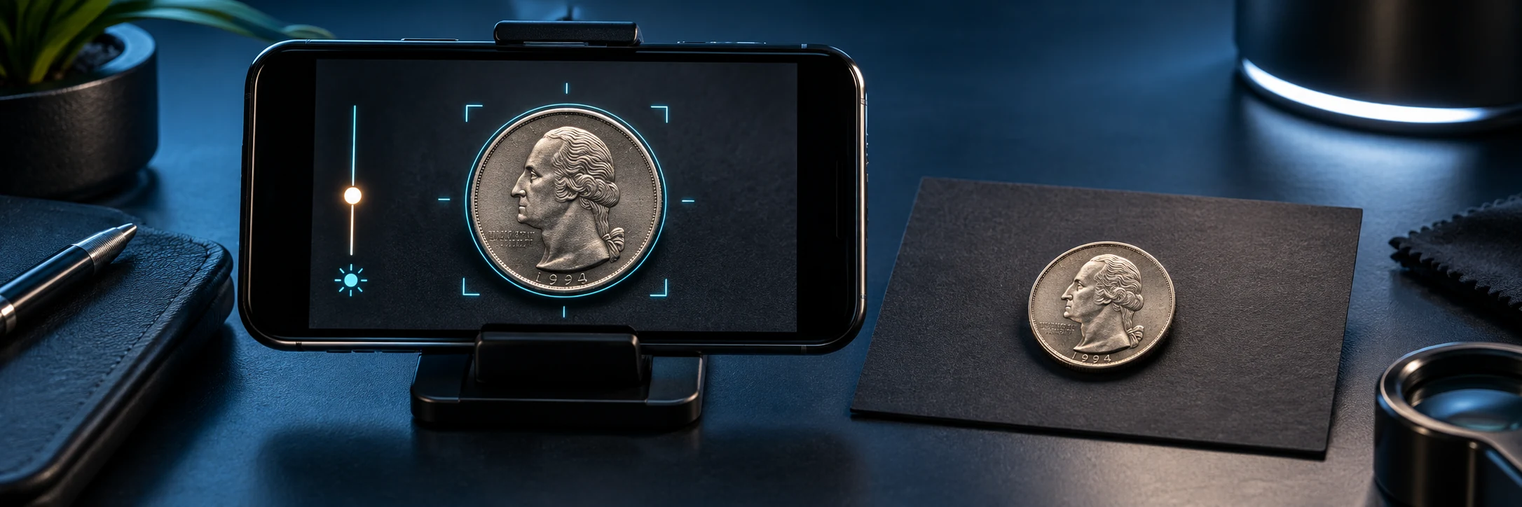 Phone camera setup showing a focused coin and subtle focus controls