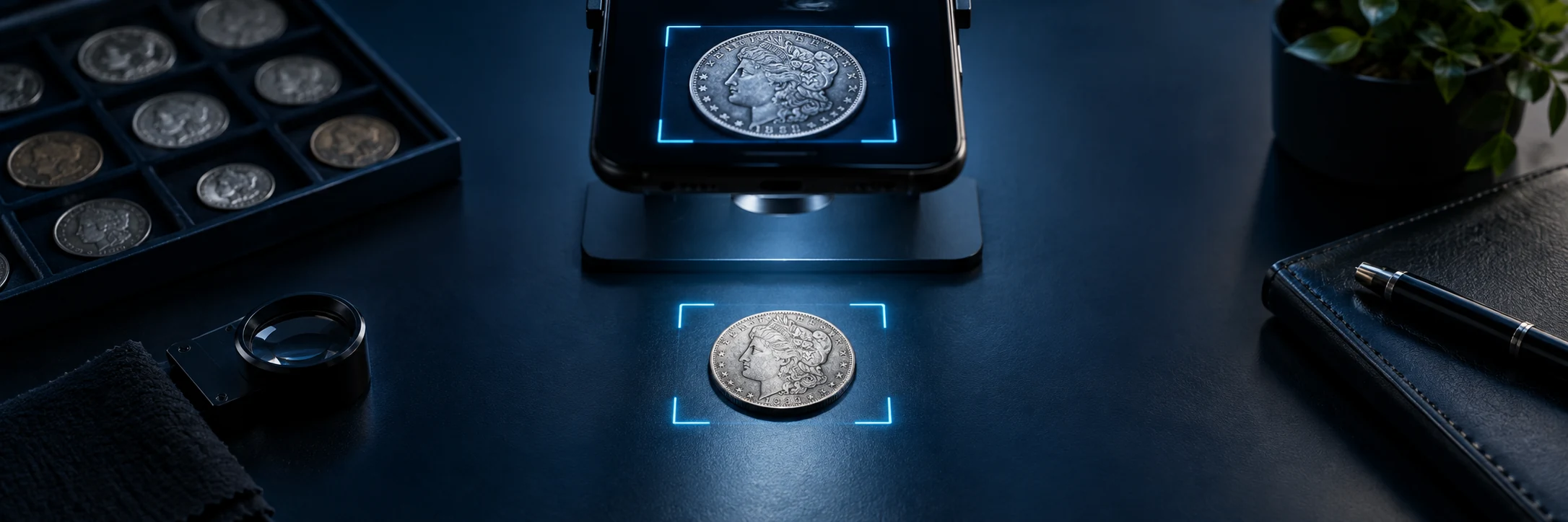 Phone camera scanning a coin with a subtle visual analysis frame
