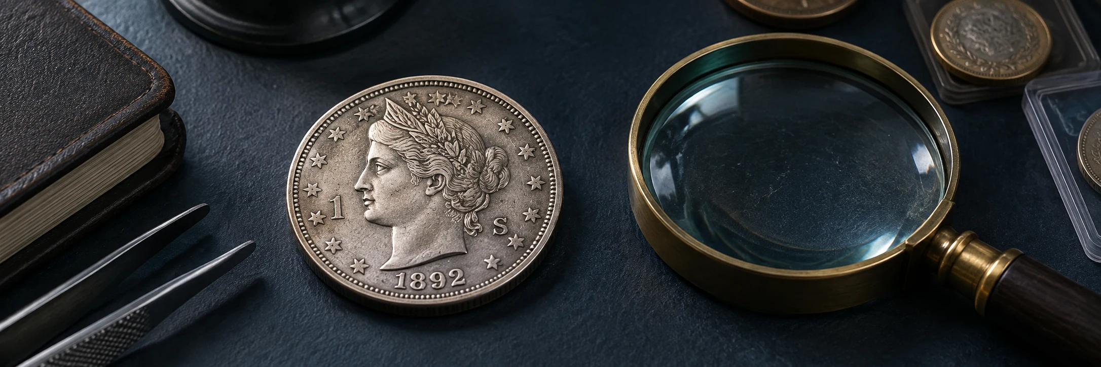 Coin with visible date, portrait, denomination, and rim details beside a magnifying glass