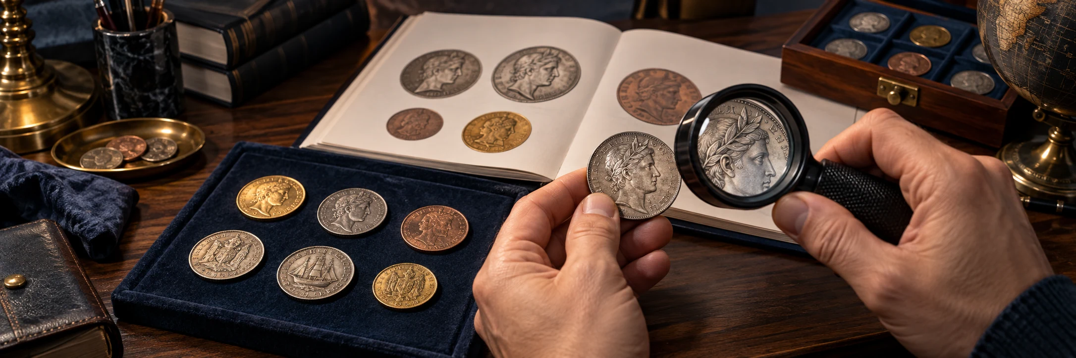 Collector comparing a coin with reference examples through a loupe