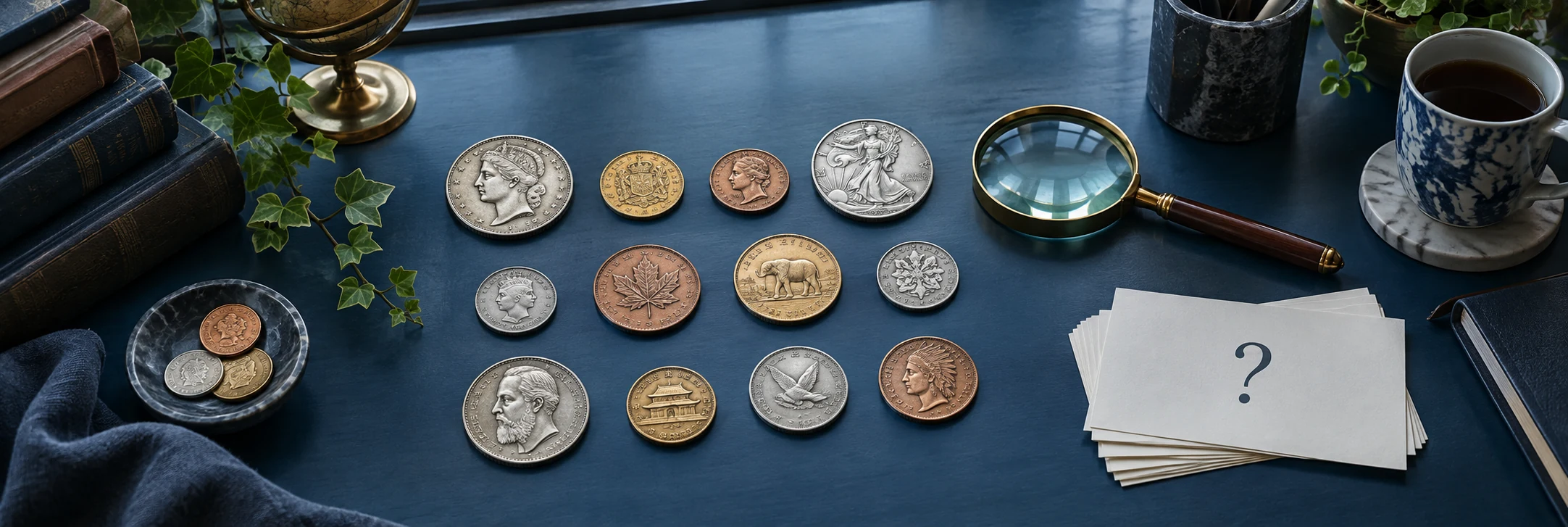 World coins and a question card arranged for a final identification review