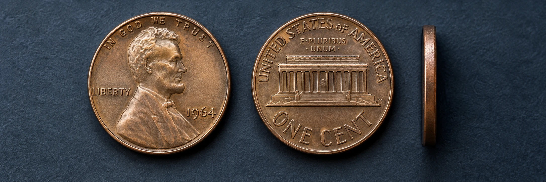 Obverse and reverse sides of the same coin shown next to its edge