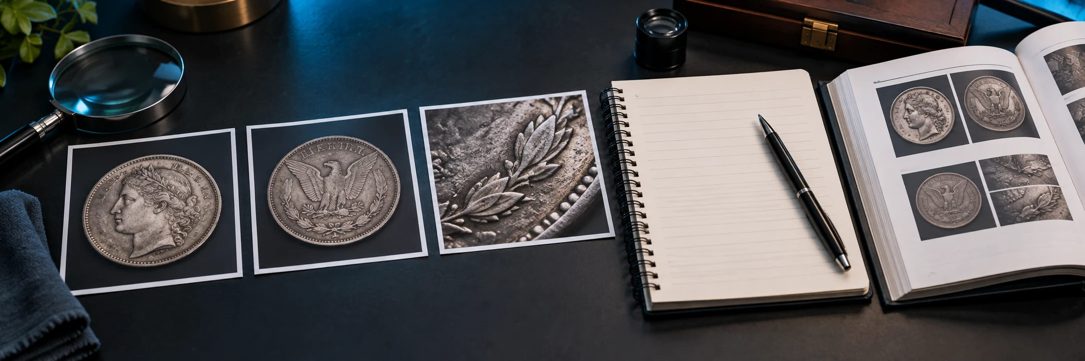 Coin research workflow with full coin photos, a close-up, notes, and a reference book