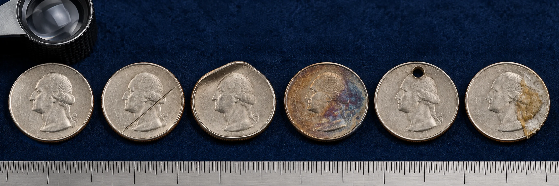 Normal coin beside examples of scratches, bent rim, heat discoloration, drilled hole, and glue residue
