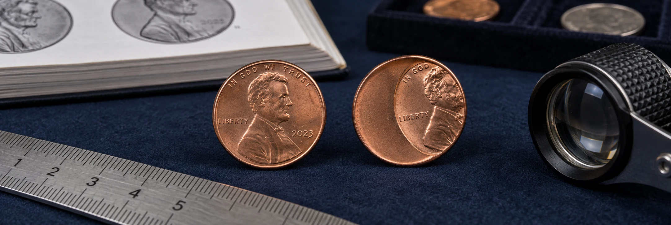 Off-center Lincoln cent compared with a normal cent, ruler, loupe, and reference catalog