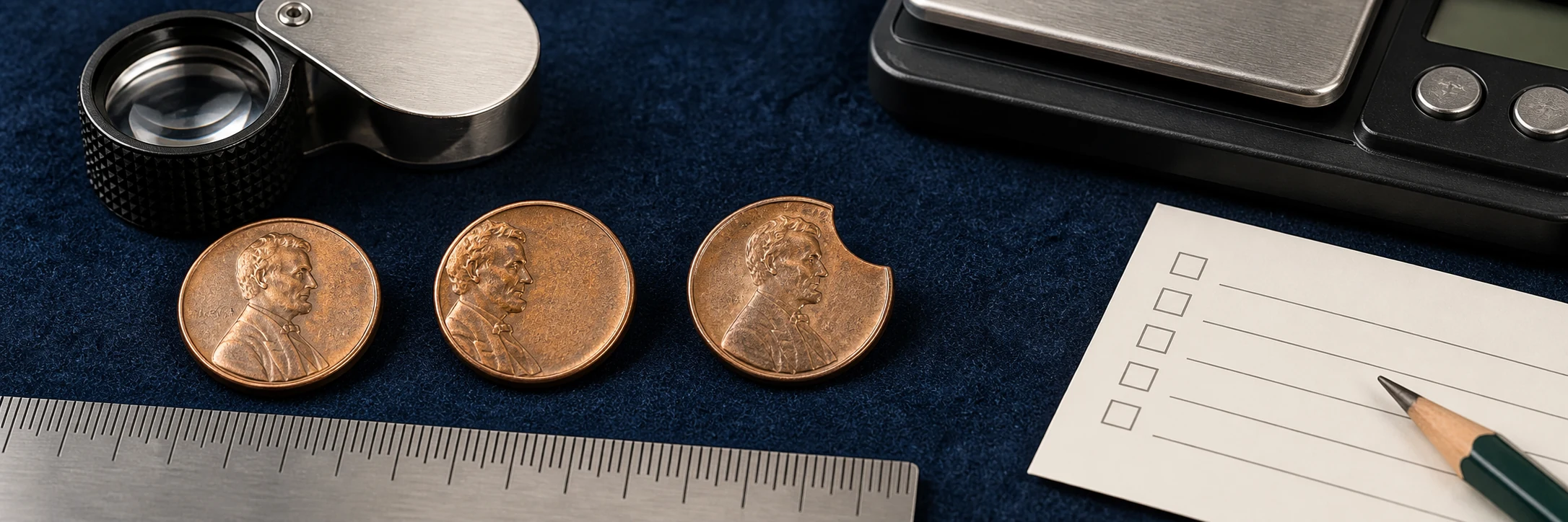 Normal and error coins with loupe, ruler, scale, and checklist for a final review