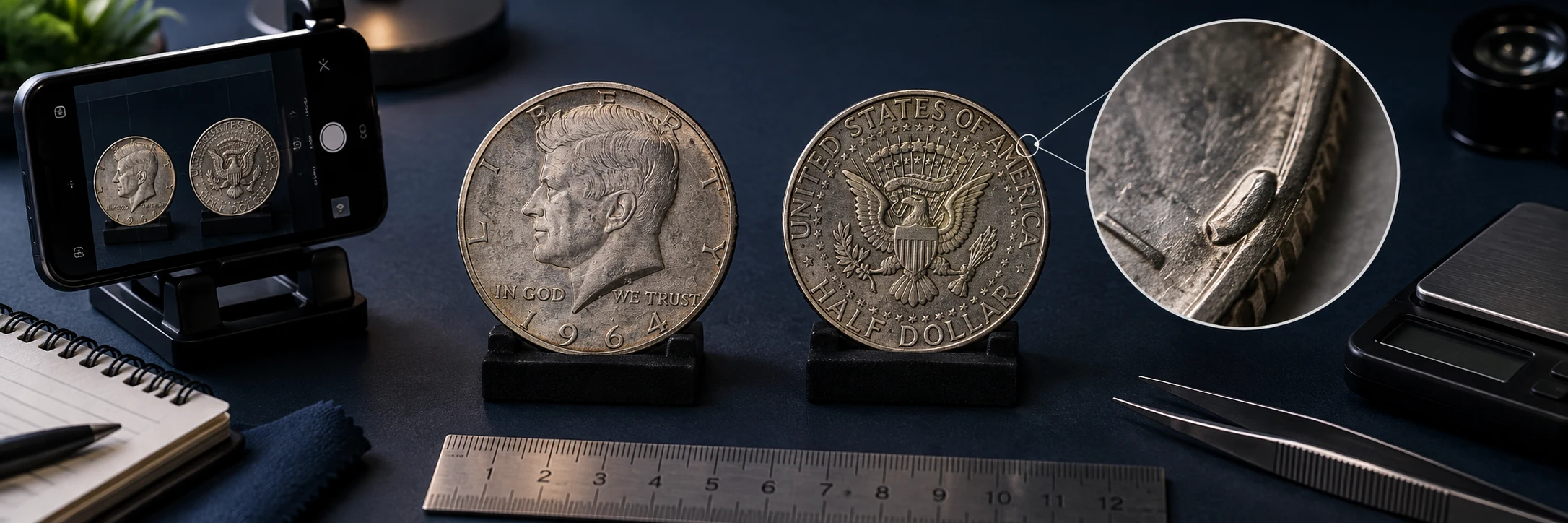 U.S. coin photographed front and back with a close-up of a rim feature, phone, ruler, and scale