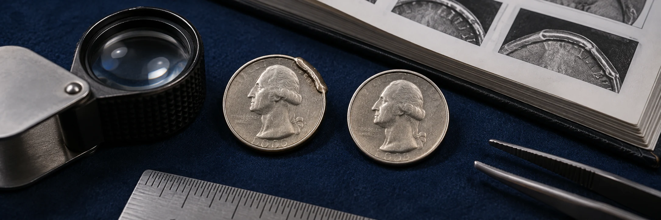 U.S. coin with an unusual rim feature compared with a normal coin, loupe, and reference catalog