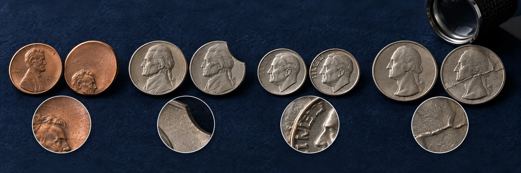 Off-center strike, clipped planchet, doubled lettering, and die crack examples beside a normal coin