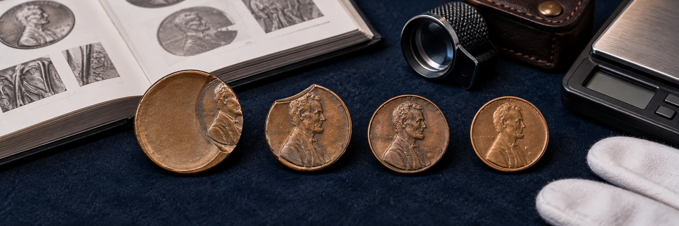 Dramatic off-center coin, clipped planchet, and doubled-detail coin beside auction catalogs and a scale