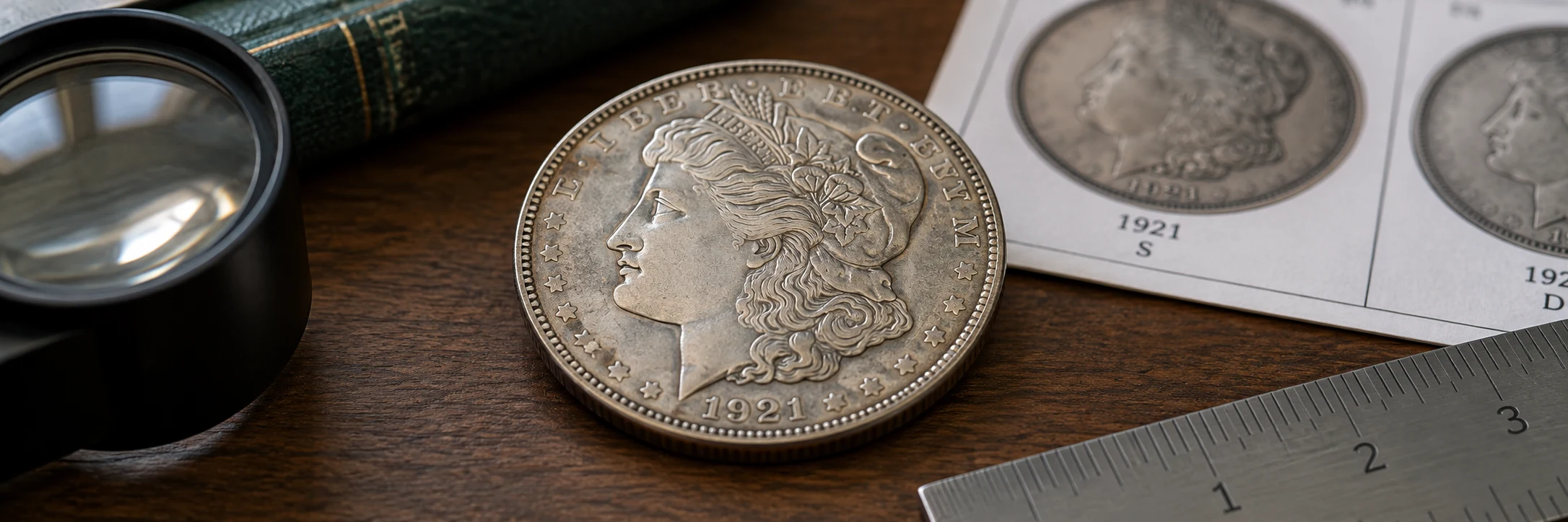 Coin photographed flat with its date, mint mark, loupe, ruler, and reference card
