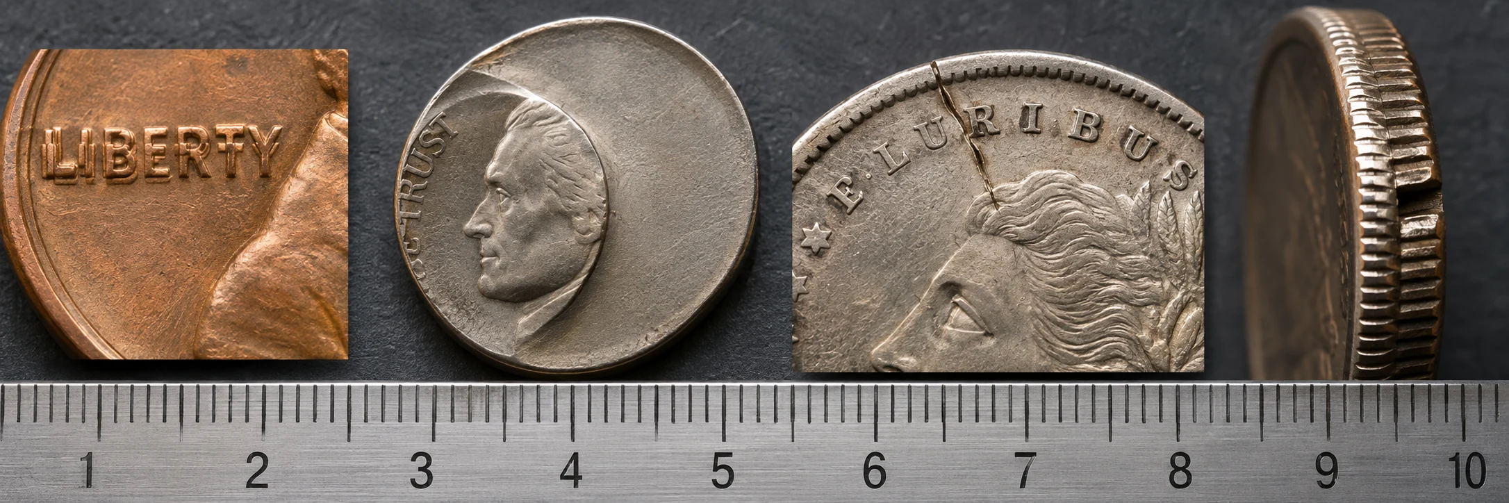 Possible mint errors including doubled lettering, off-center strike, die crack, and unusual edge