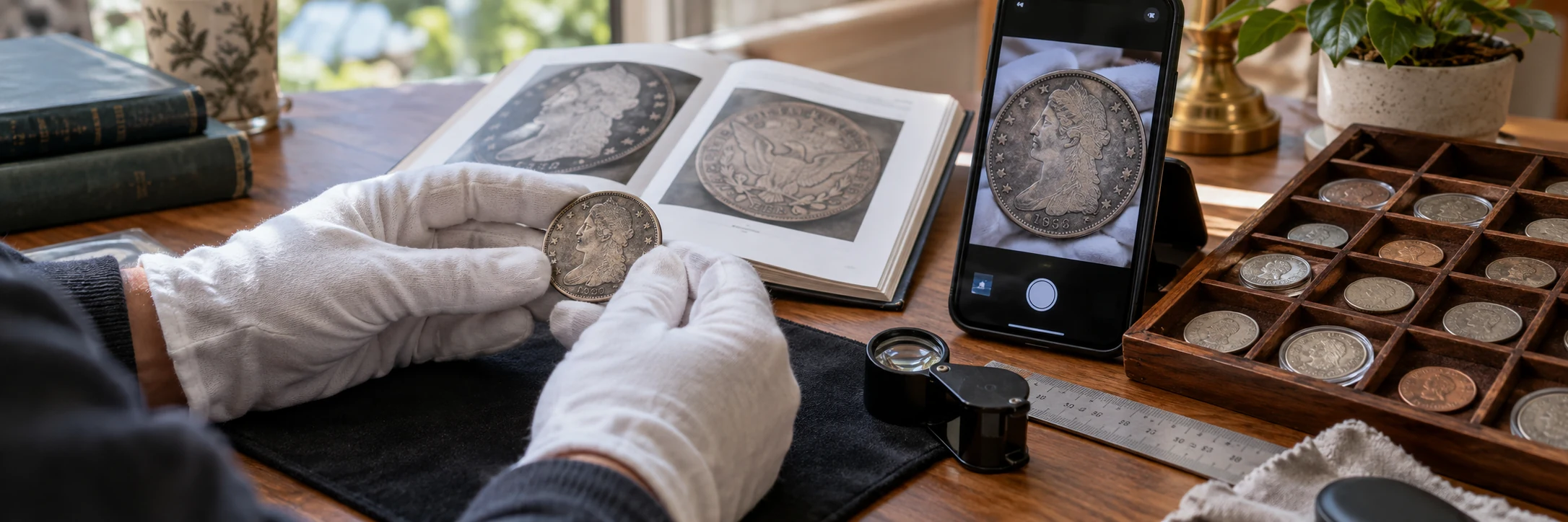 Collector comparing a coin with a reference photo beside a ruler and phone camera